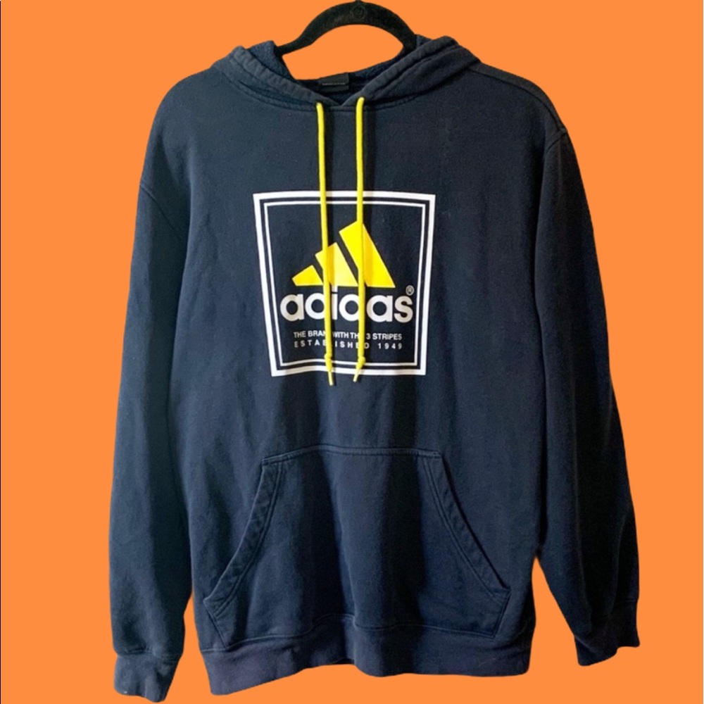 Vintage Adidas Navy Hoodie w/ Yellow & White